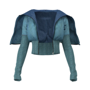 Cropped Padded Bomber Denim Jacket in Jade Blue Wash